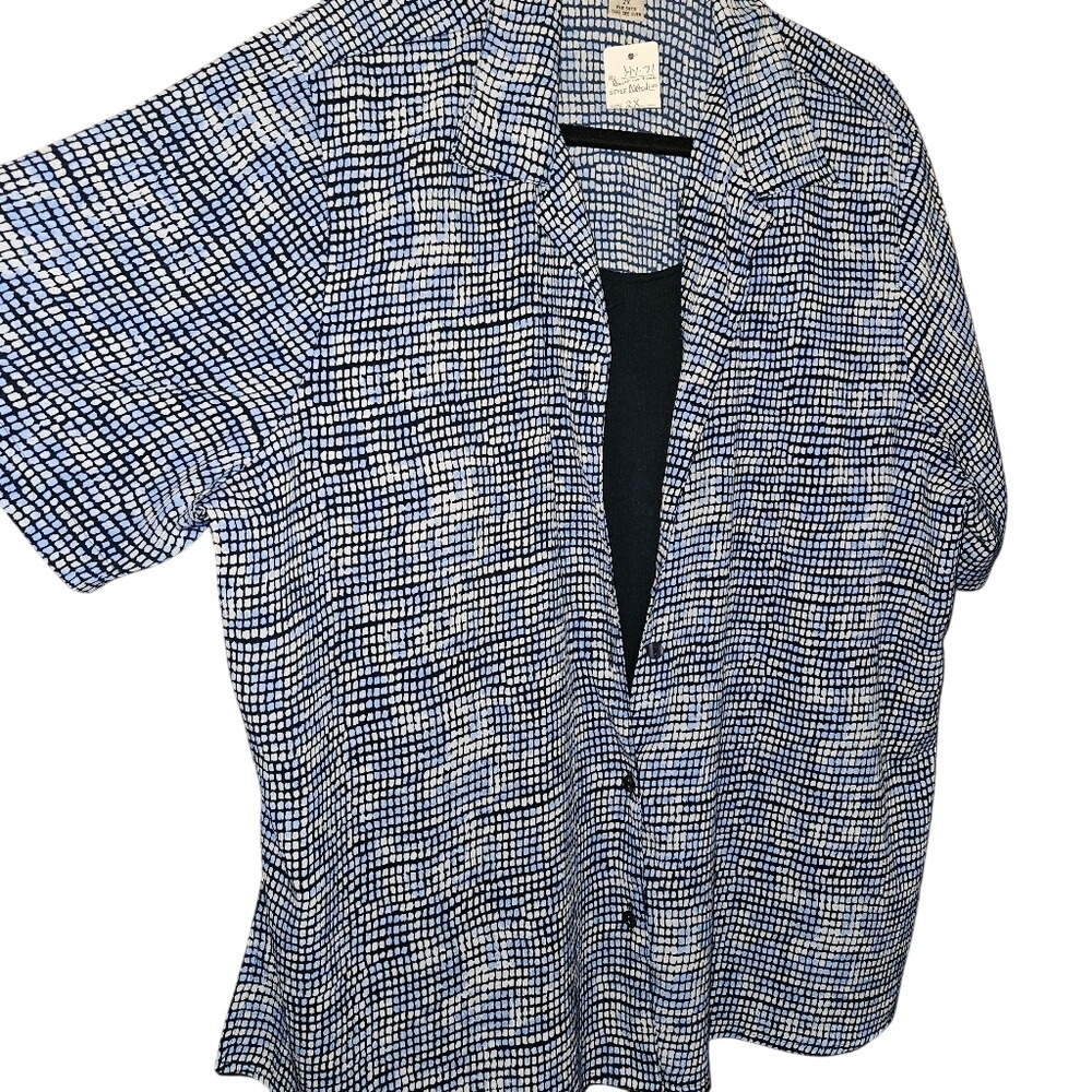 Notations 2 In‎ 1 Top Blue Whote Print Blouse Button Up Short SLV SIZE 2X